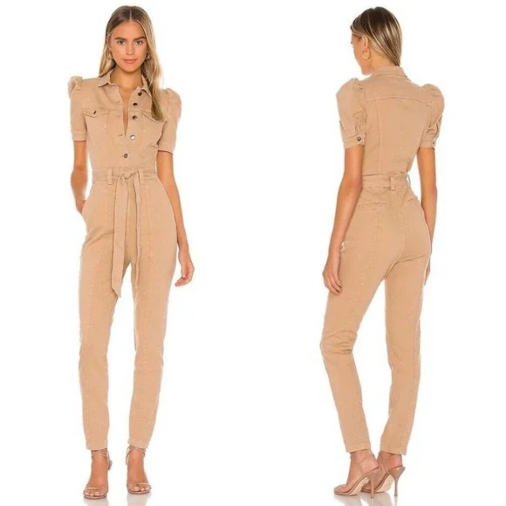 Retrofete Tori Puff Sleeve Belted Denim Jumpsuit in Camel Tan Small NWT